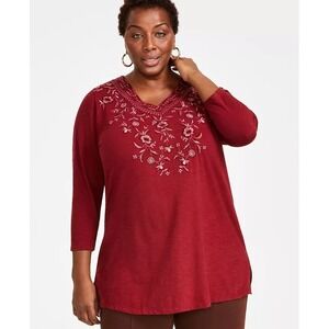 NWT‎ Style Co Embroidered Top Women 2X Floral Boho Minimalist Slub Knit Earthy